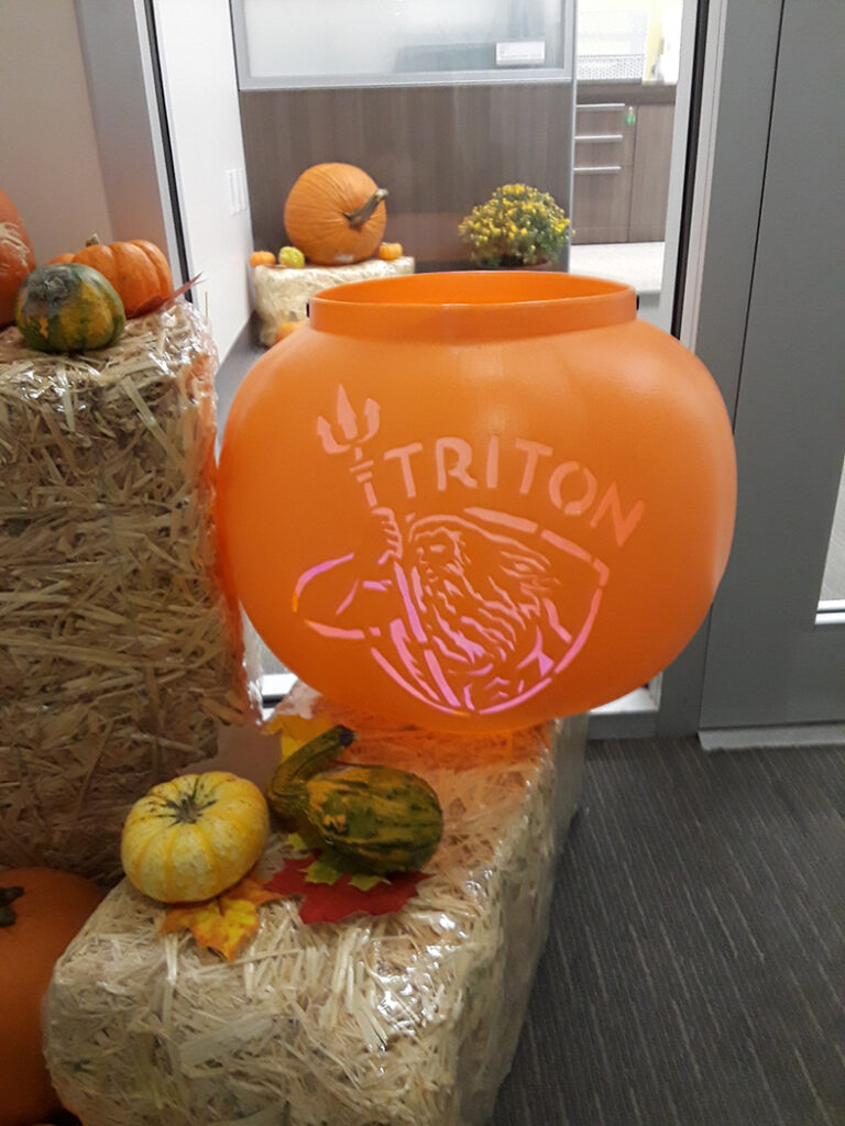 University of Miami Institute for Data Science and Computing TRITON supercomputer logo on plastic pumpkin, Gables One Tower