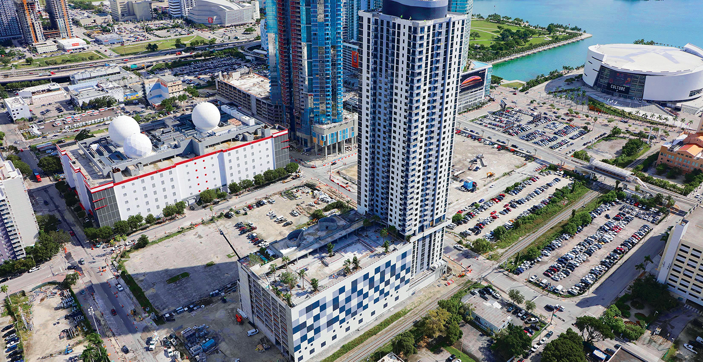 The NAP of the Americas Equinix Data Center aerial photo showing location near American Airlines arena, just two blocks inland from Biscayne Bay