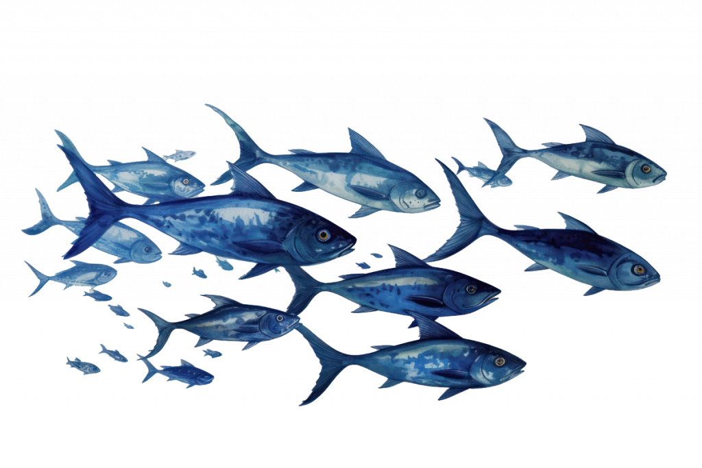 school of fishes in tones of dark blue