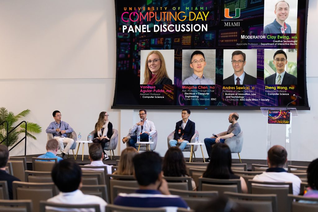 Andres Sawicki (center) speaks at Computing Day 2025 Panel on how they are utilizing AI at the school of law 