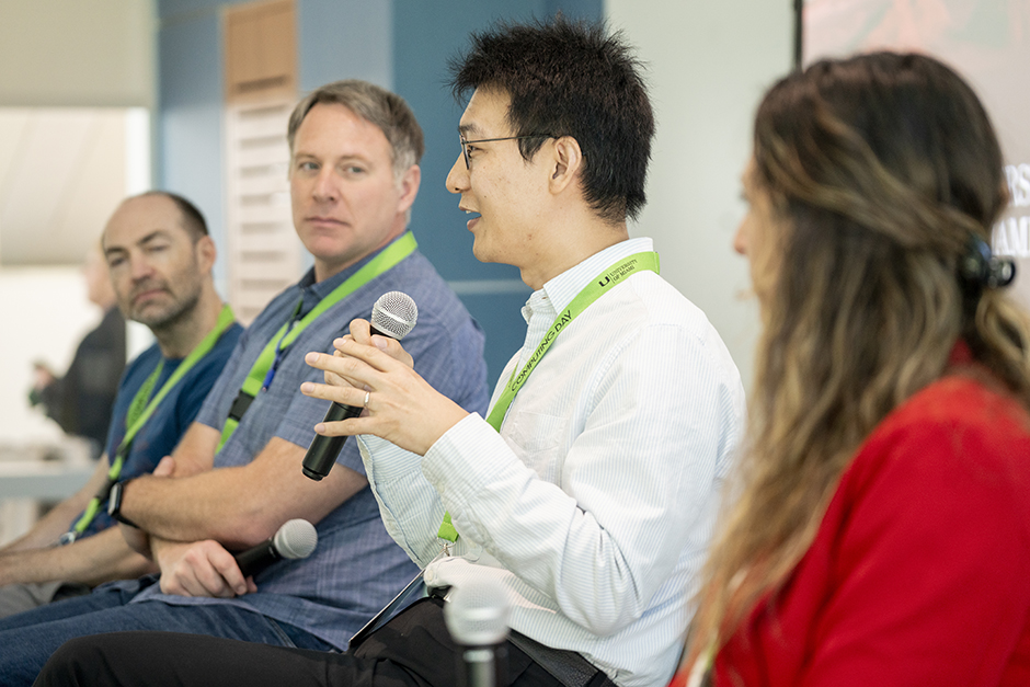 Wanli Xing speaks at Computing Day 2026 on AI in Higher Education panel with Clay Ewing, Ben Lauren, and Marybeth Arcodia