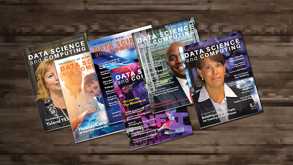 Covers of issues one through six of the University of Miami Institute for Data Science and Computing online magazine "IDSC Data Science and Computing magazine"