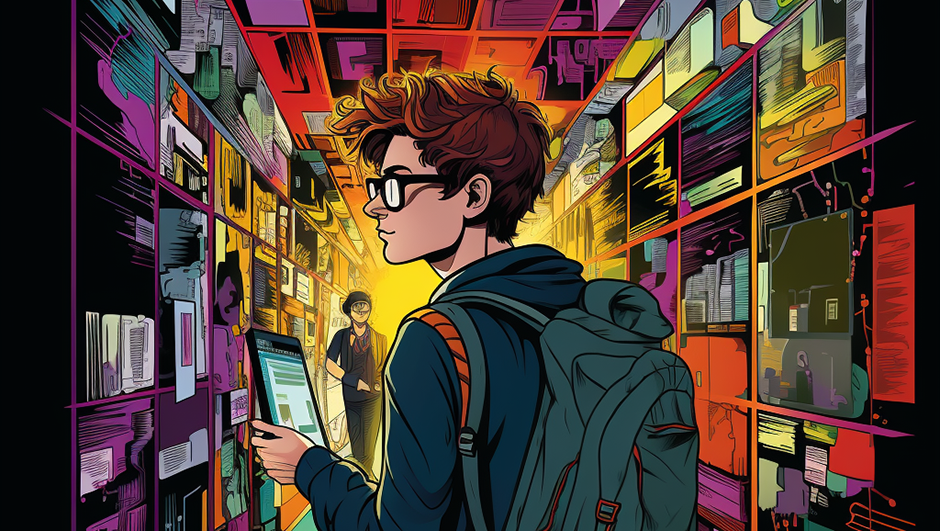 Cartoon of Student in Library