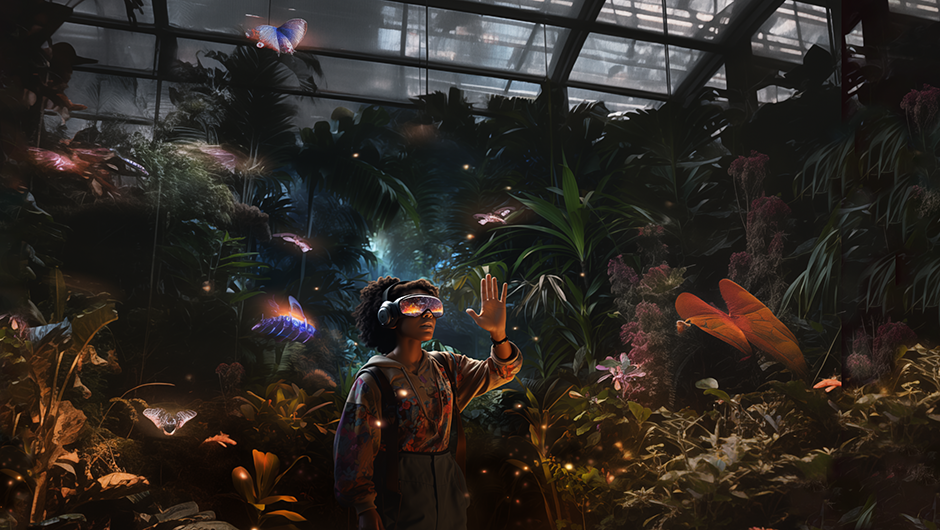 AI generated image of XR project, African-American female college student wearing XR glasses reaches for fireflies floating in a jungle setting. She is in a bunker like space with frosted glass panels above as the light source for an otherwise dark space. Exotic plants and insects surround her. Her glasses shine with the reflection of some kind of illumination (like the glow of an unseen insect).