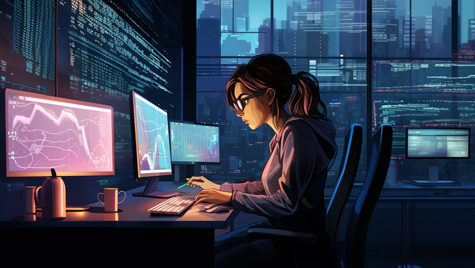 cartoon of female programmer with multiple monitors