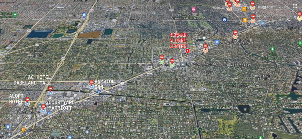 Google Earth view of Dadeland area (in Kendall, south of Miami) showing some hotels